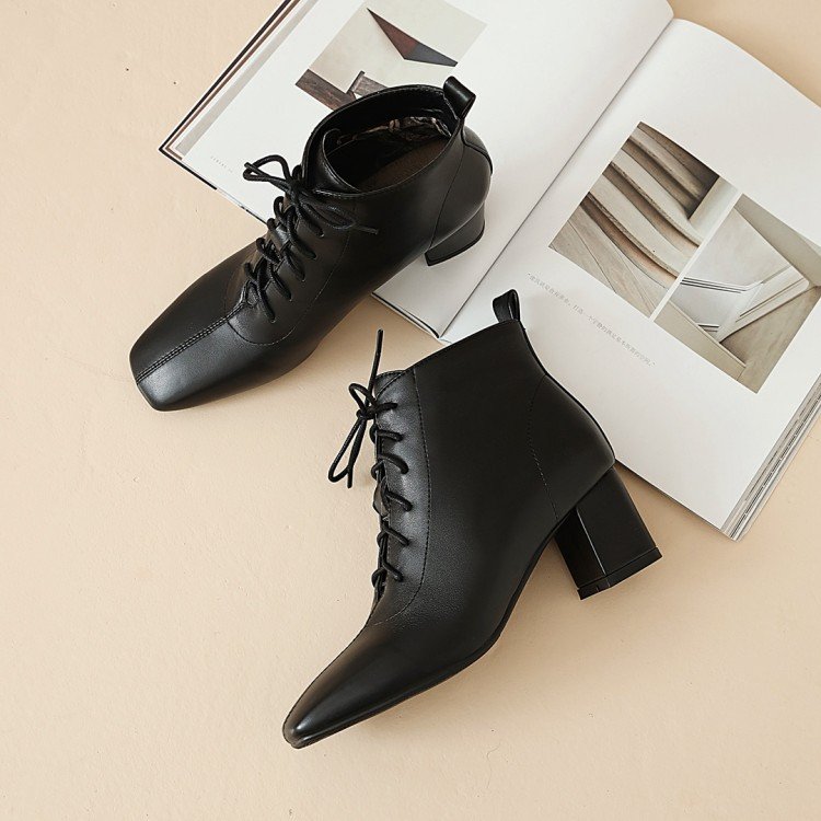 Ladies booties big small 31-39 size autumn square toes lace-up high hell women Genuine boots