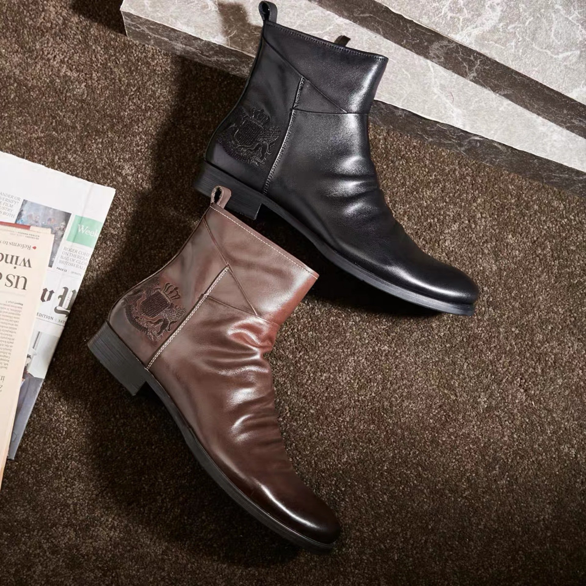 2024 Fashion Shoe Men's PU Leather Zipper Resistant Knight Motorcycle Boot Dress Shoes Men Ankle Boots