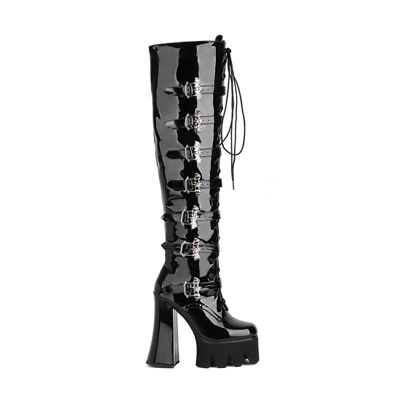 Fashion High Heel Boots Designed Buckle Strap Side Zipper Patent Leather Over Knee High Boots Ladies Black Platform