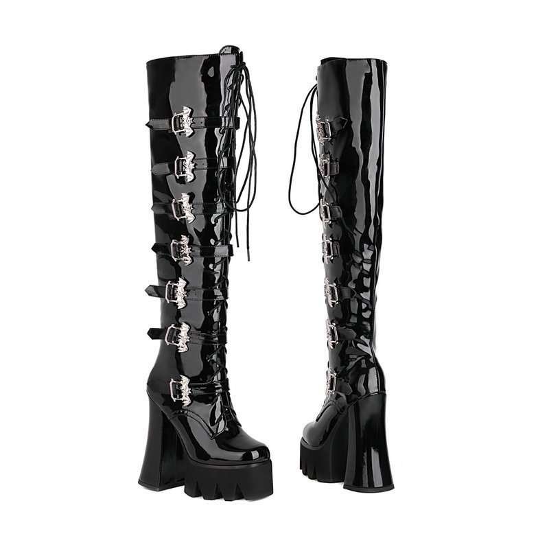 Fashion High Heel Boots Designed Buckle Strap Side Zipper Patent Leather Over Knee High Boots Ladies Black Platform