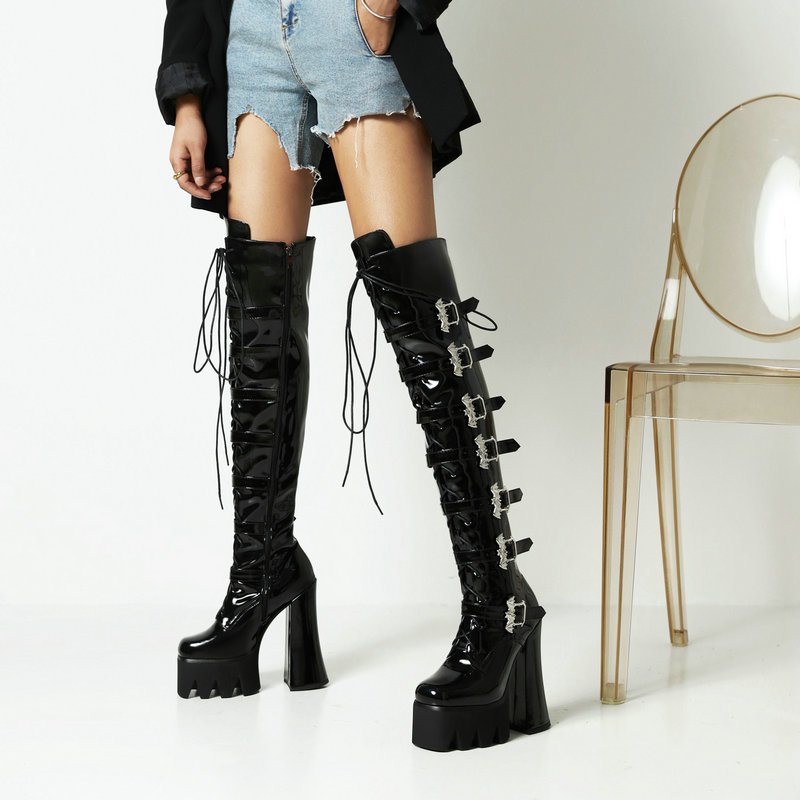 Fashion High Heel Boots Designed Buckle Strap Side Zipper Patent Leather Over Knee High Boots Ladies Black Platform