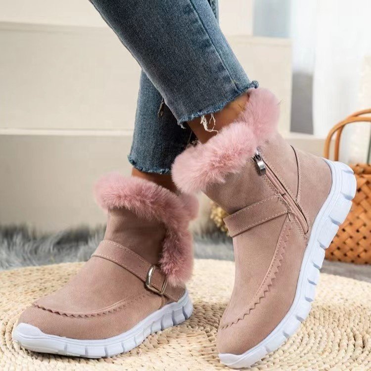 Wholesale Fashion Pink Gray Suede Women Ankle Shoes Zip Up Plush Furry Buckle Thick Sole Big Size Winter Warm Ankle Boots
