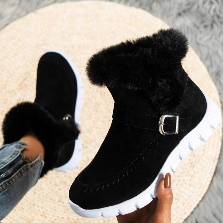 Wholesale Fashion Pink Gray Suede Women Ankle Shoes Zip Up Plush Furry Buckle Thick Sole Big Size Winter Warm Ankle Boots