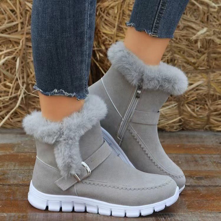 Wholesale Fashion Pink Gray Suede Women Ankle Shoes Zip Up Plush Furry Buckle Thick Sole Big Size Winter Warm Ankle Boots