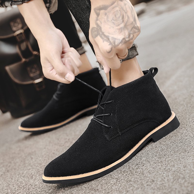 Classical Design Flat Heel Lace Up Style Suede Leather Upper Ankle Boots Men