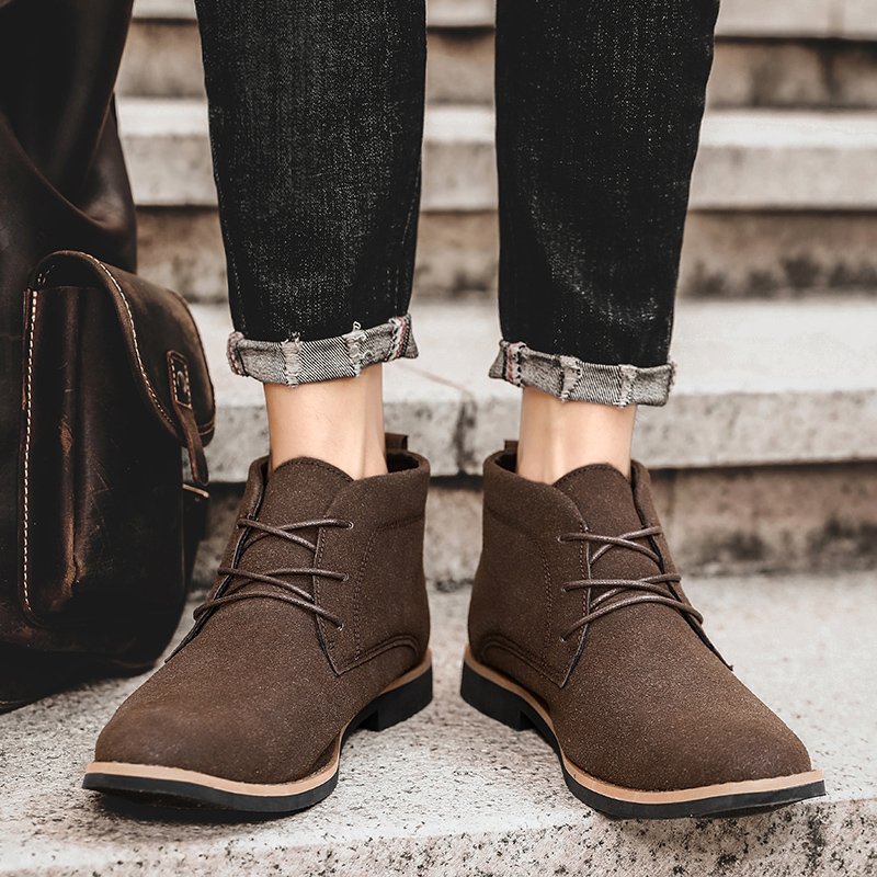 Classical Design Flat Heel Lace Up Style Suede Leather Upper Ankle Boots Men
