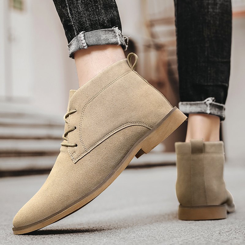 Classical Design Flat Heel Lace Up Style Suede Leather Upper Ankle Boots Men