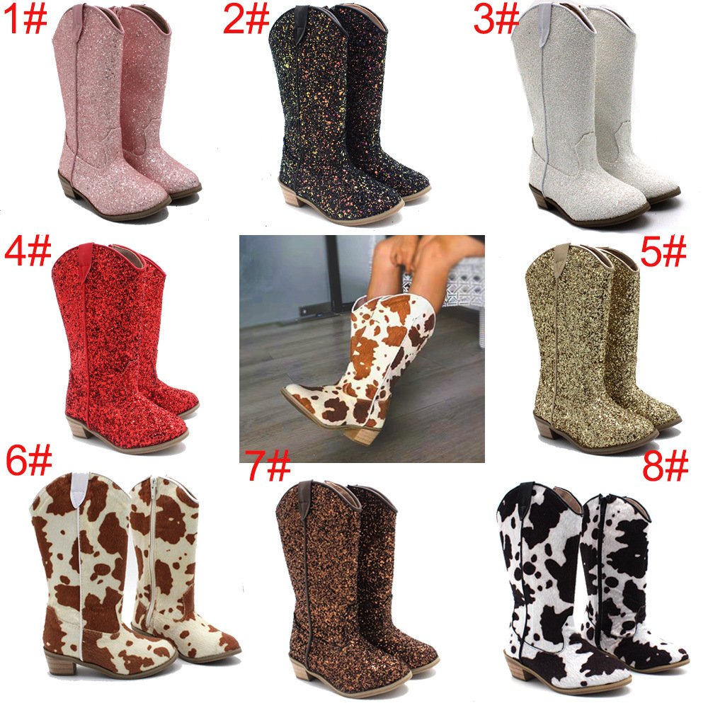 Girls Knee High Riding Boots Cowboy Retro Glitter Leather Boot Autumn Winter Cowgirl Zipper Low Heel Western Sequin Comfort Shoe