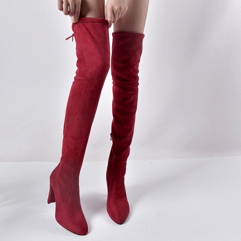 Large size over the knee boots autumn and winter pointed toe chunky heel over the knee boots women's solid color elastic boots