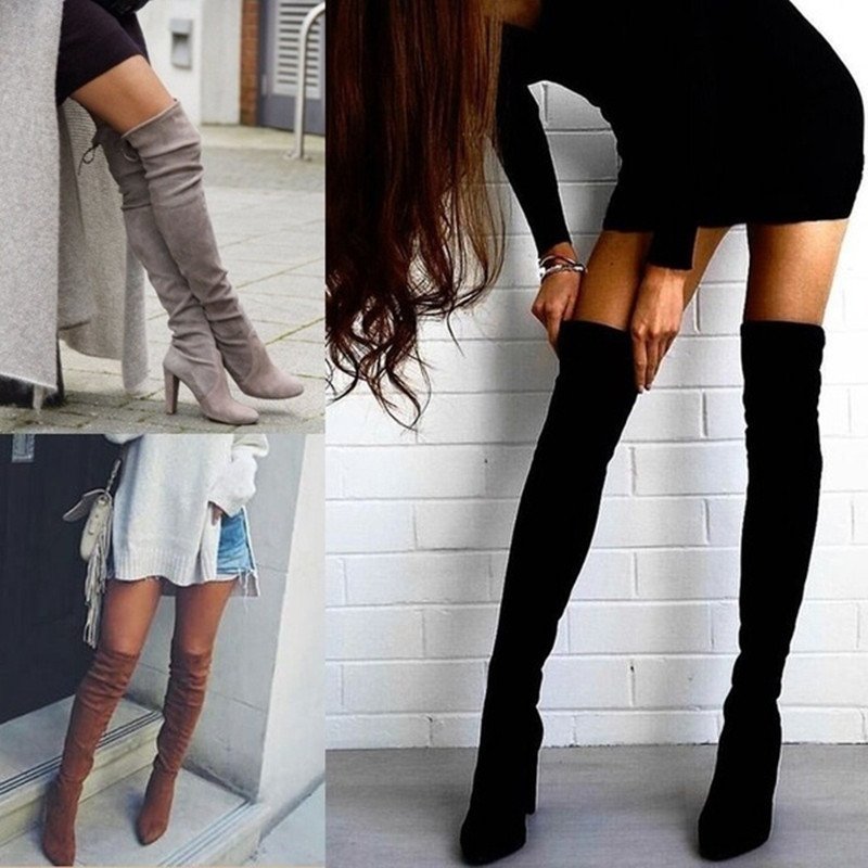 Large size over the knee boots autumn and winter pointed toe chunky heel over the knee boots women's solid color elastic boots