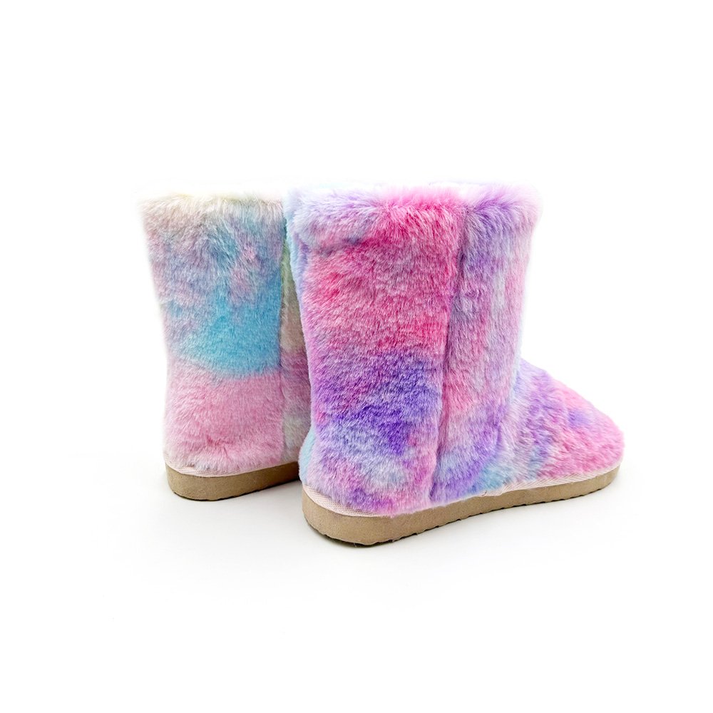 Girls Ladies Cozy Boots in Winter Comfy Plush Warm Short Snow Bootie Indoor Outdoor Fur Fuzzy Rainbow Bootie Slipper