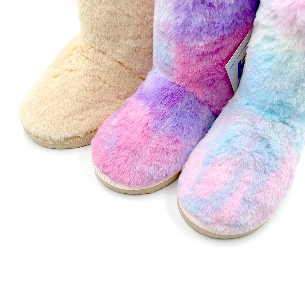 Girls Ladies Cozy Boots in Winter Comfy Plush Warm Short Snow Bootie Indoor Outdoor Fur Fuzzy Rainbow Bootie Slipper