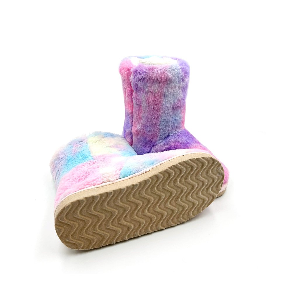 Girls Ladies Cozy Boots in Winter Comfy Plush Warm Short Snow Bootie Indoor Outdoor Fur Fuzzy Rainbow Bootie Slipper