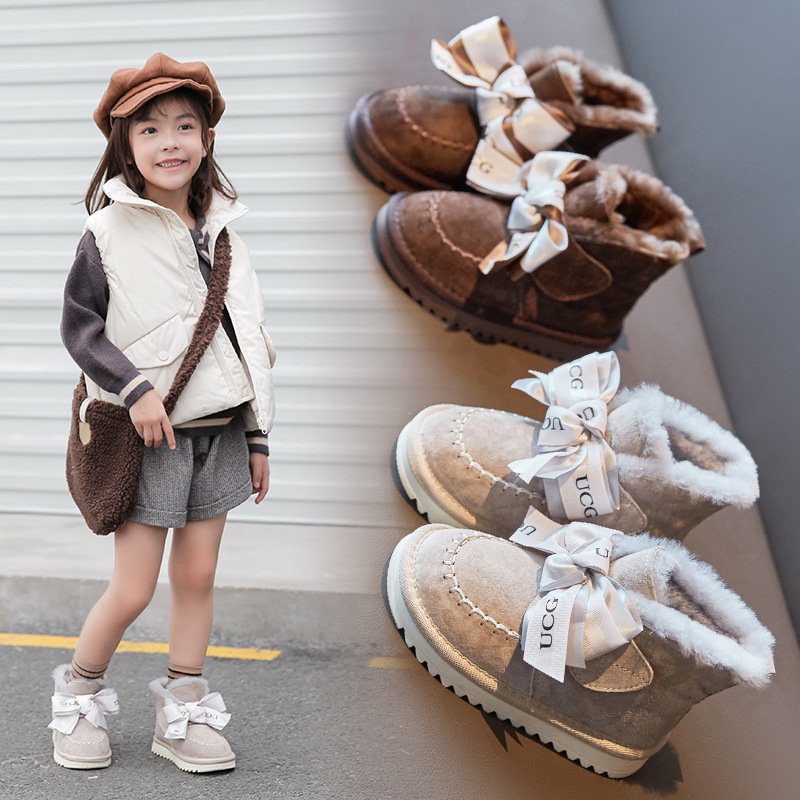 New Fashion Bow Winter Snow Boots Waterproof Plush Warm Cotton Shoes Anti-slippery Children Outdoor Sneakers Girls PU Leather