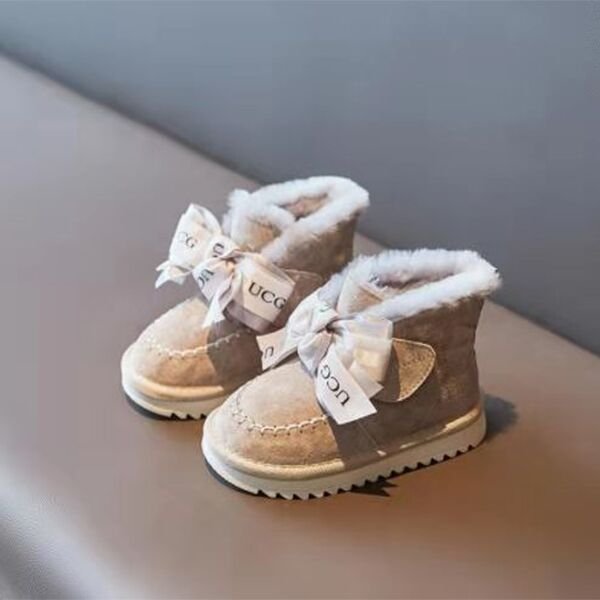 New Fashion Bow Winter Snow Boots Waterproof Plush Warm Cotton Shoes Anti-slippery Children Outdoor Sneakers Girls PU Leather