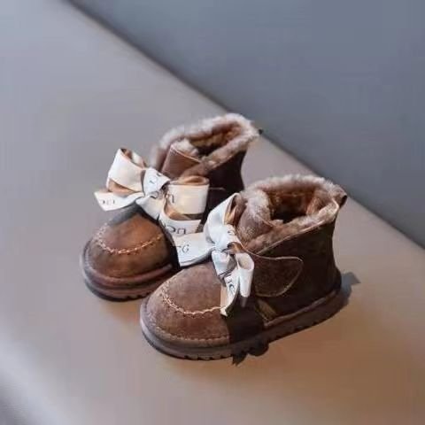 New Fashion Bow Winter Snow Boots Waterproof Plush Warm Cotton Shoes Anti-slippery Children Outdoor Sneakers Girls PU Leather