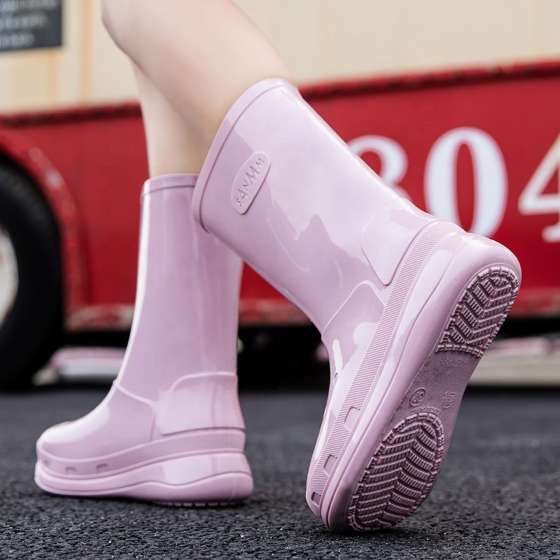 Fashion Women knee-high rain boots to keep warm PVC ladies slip-on snow boots with flarking to keep warm Hunting PVC boots