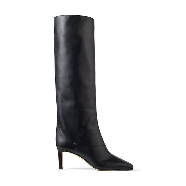 2020 new trend ladies black genuine leather shaft knee high straight leg boots with square heel
