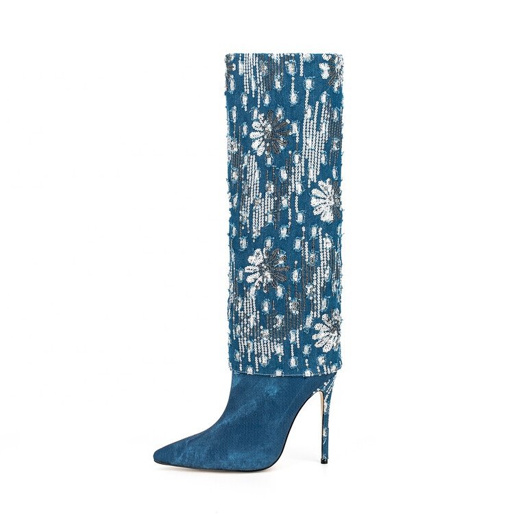 Famous Brand Luxury Diamond High Heels Denim Boots 2023 Spring Fashion Square Toe Wide Calf Slouch Women Knee High Boots