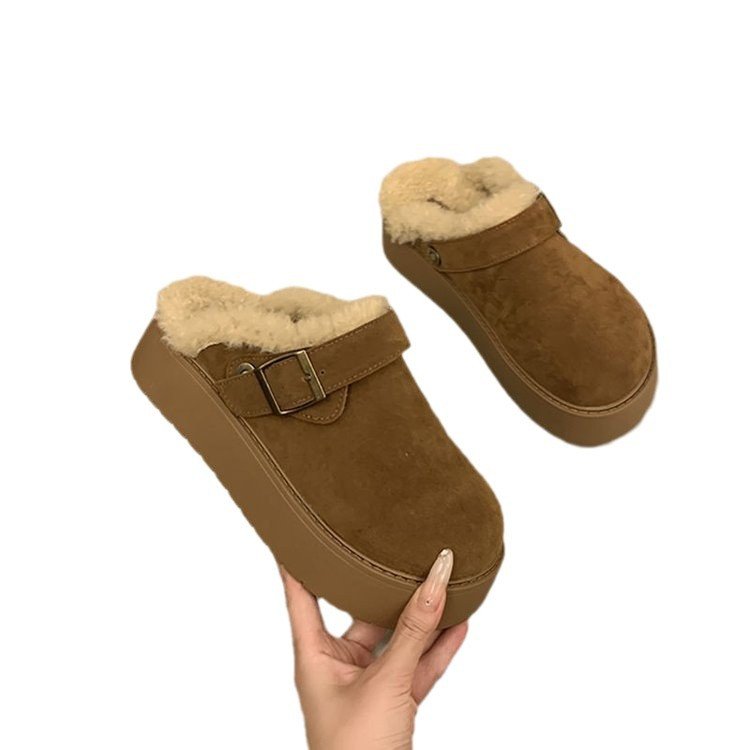 2024 New Winter Women's Baotou Half Slippers Platform Birkenstocks Shoes with Fleece Lining Cotton Snow Boots Home Slippers
