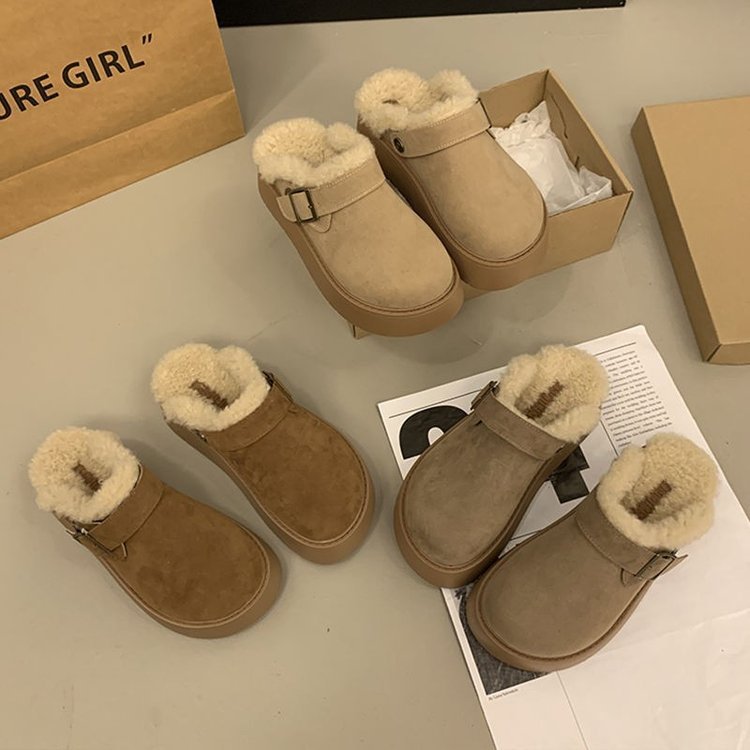 2024 New Winter Women's Baotou Half Slippers Platform Birkenstocks Shoes with Fleece Lining Cotton Snow Boots Home Slippers