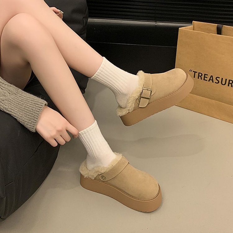 2024 New Winter Women's Baotou Half Slippers Platform Birkenstocks Shoes with Fleece Lining Cotton Snow Boots Home Slippers