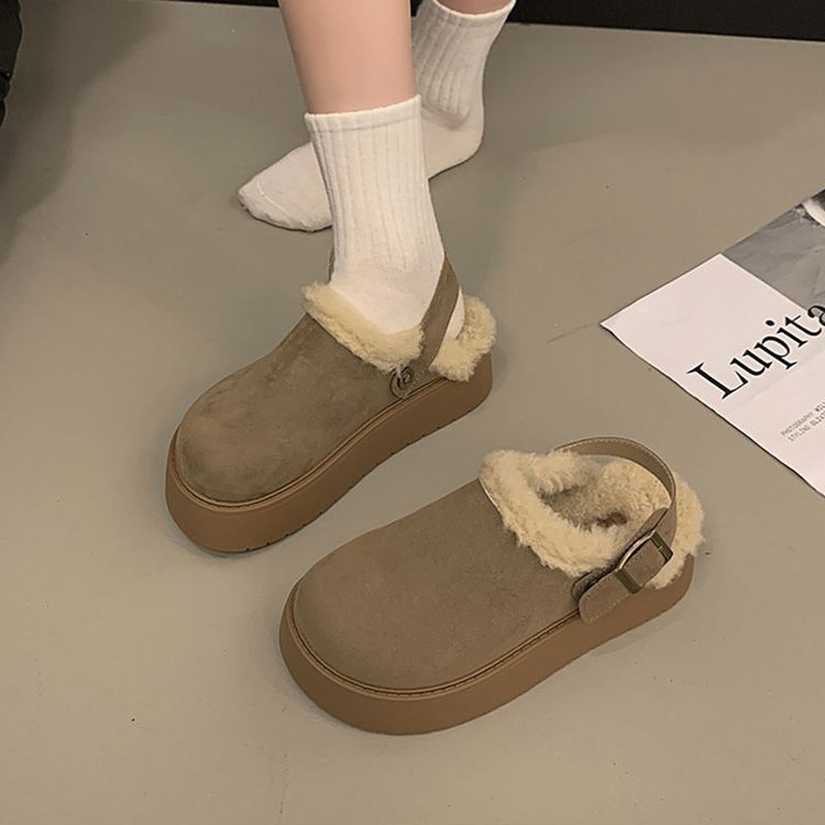 2024 New Winter Women's Baotou Half Slippers Platform Birkenstocks Shoes with Fleece Lining Cotton Snow Boots Home Slippers