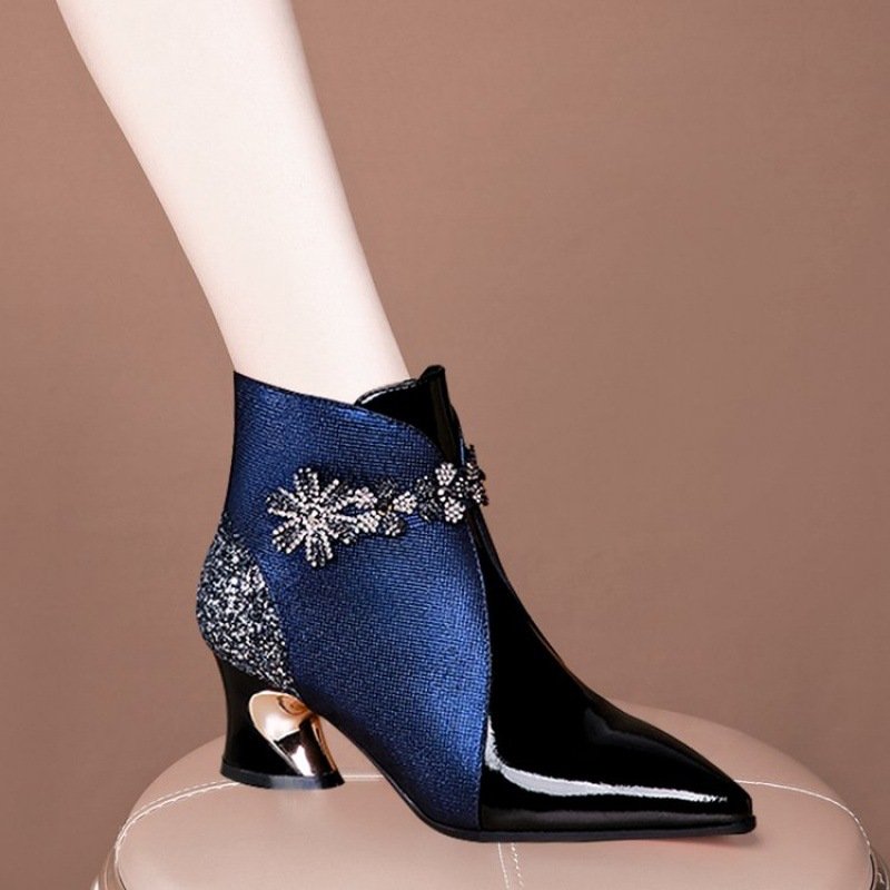 2024 Hot Sale British Style Glossy Boots Autumn Winter Versatile Pointed Toe Thick High Heel Short Women Ankle Boots