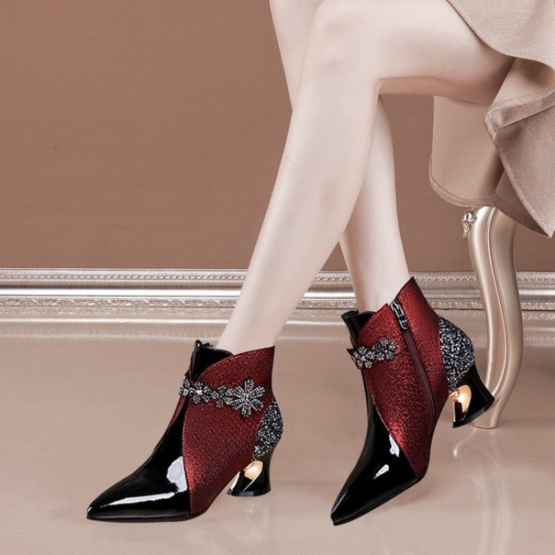 2024 Hot Sale British Style Glossy Boots Autumn Winter Versatile Pointed Toe Thick High Heel Short Women Ankle Boots