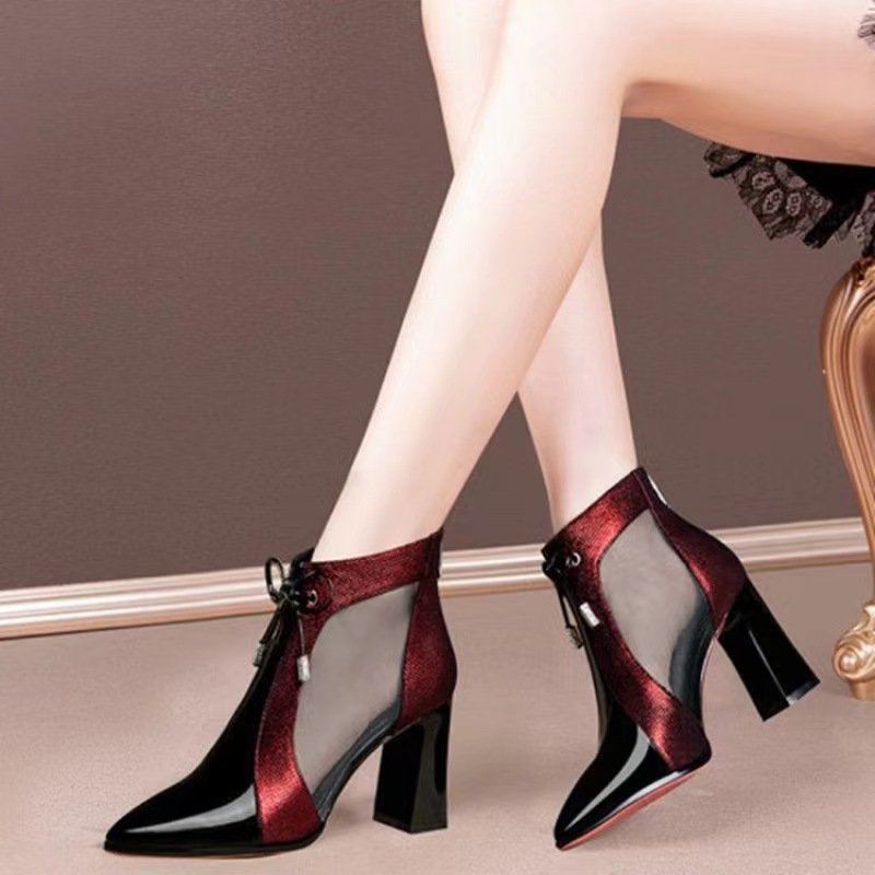 2024 Hot Sale British Style Glossy Boots Autumn Winter Versatile Pointed Toe Thick High Heel Short Women Ankle Boots
