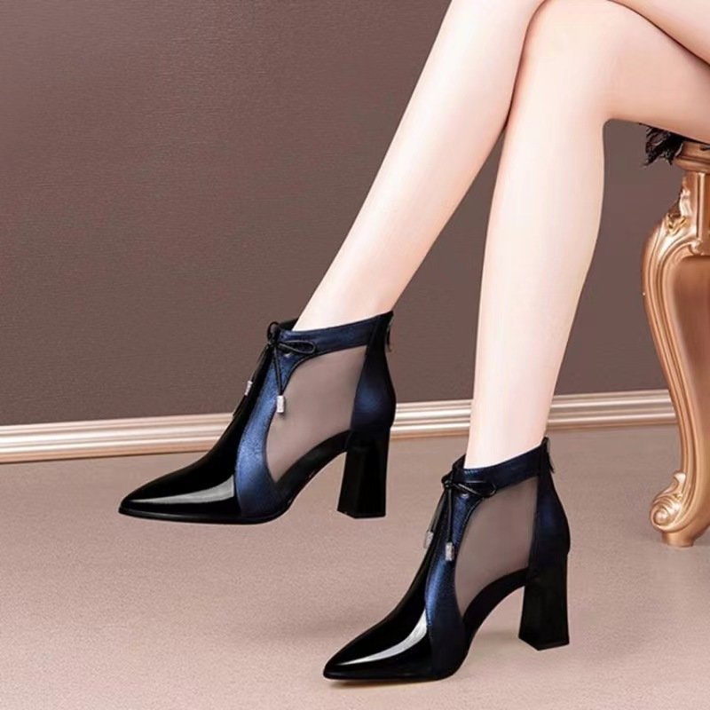 2024 Hot Sale British Style Glossy Boots Autumn Winter Versatile Pointed Toe Thick High Heel Short Women Ankle Boots