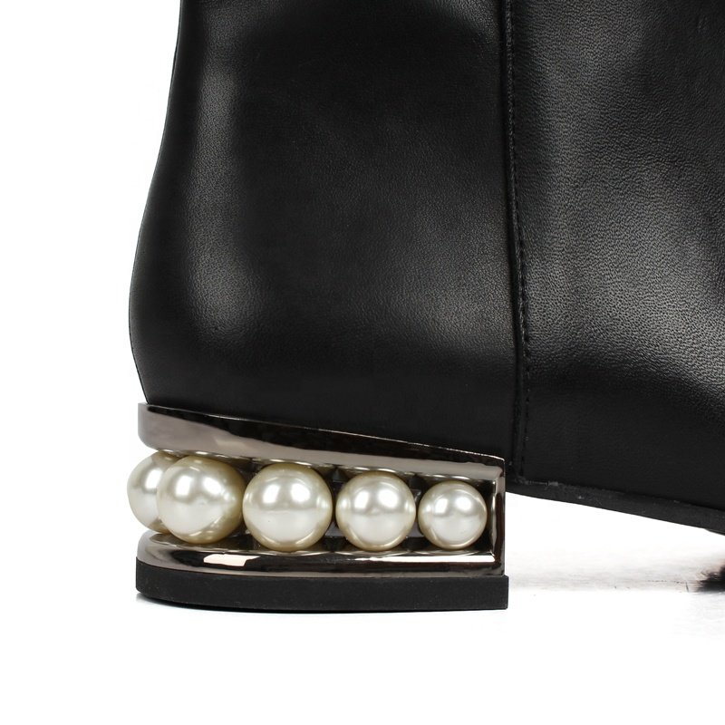 2024 Factory Custom Ladies Elegant Black Leather Chelsea Boots Simple High Heel Ankle Boots Pearl Decorative Heel Autumn Women