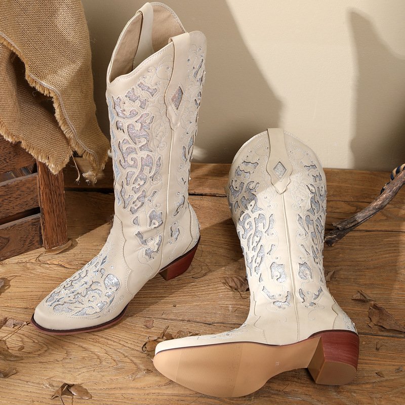 Vintage Old Style Ladies Knee High Boots Large Size Wedge Boots Tall 2022 New Trend Exquisite Embroidery Western Cowboy Boots