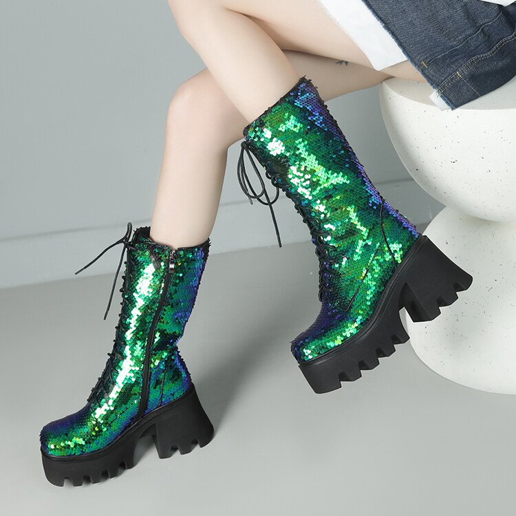 women boots 2023 autumn winter newest wholesale fashion designer sequins boots for lady mid-calf boot high heel women shoes