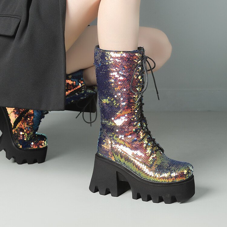 women boots 2023 autumn winter newest wholesale fashion designer sequins boots for lady mid-calf boot high heel women shoes