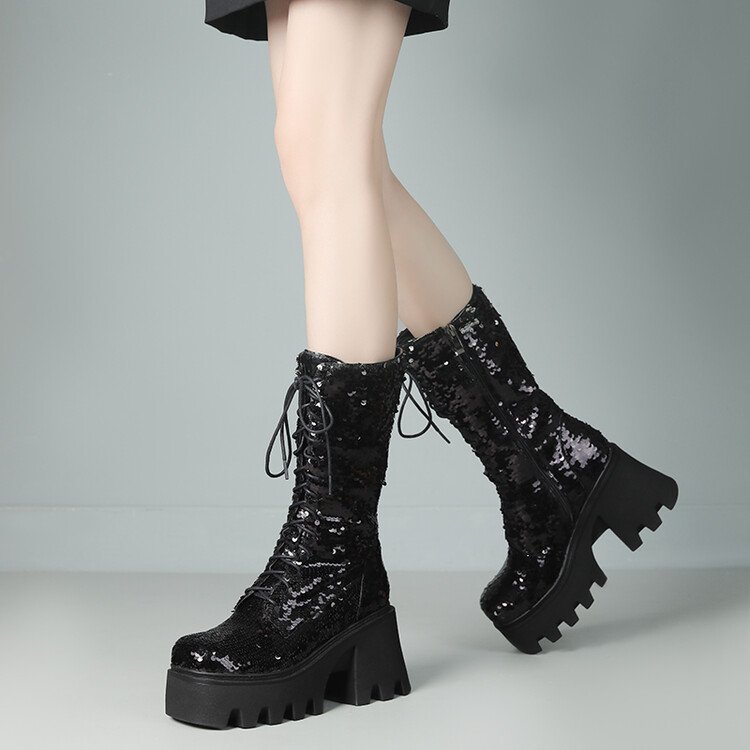 women boots 2023 autumn winter newest wholesale fashion designer sequins boots for lady mid-calf boot high heel women shoes