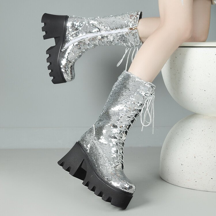 women boots 2023 autumn winter newest wholesale fashion designer sequins boots for lady mid-calf boot high heel women shoes