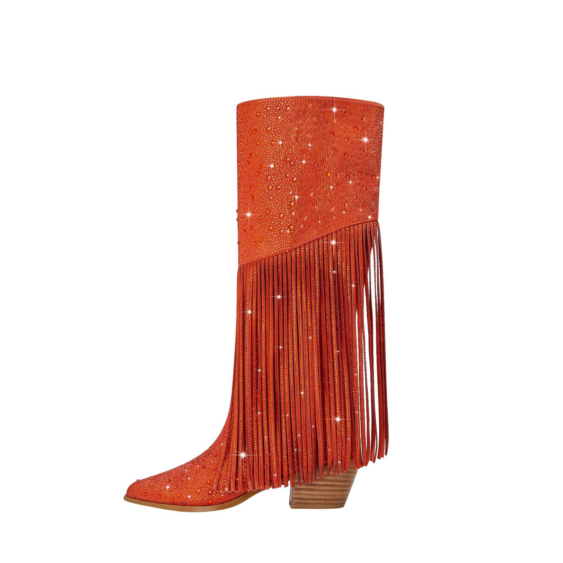 XINZI RAIN Size 43 Ladies Cowboy Boots Western Design Sparkly Rhinestone Wide Shaft Women Knee High Boots For Winter