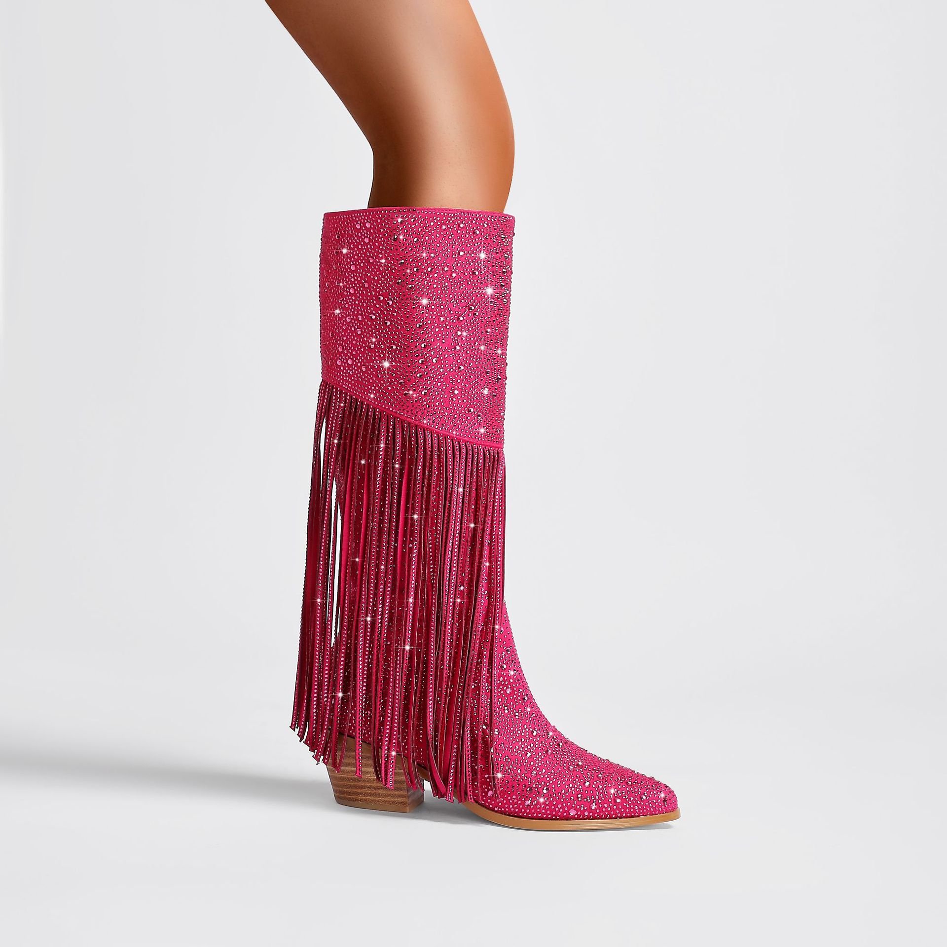 XINZI RAIN Size 43 Ladies Cowboy Boots Western Design Sparkly Rhinestone Wide Shaft Women Knee High Boots For Winter