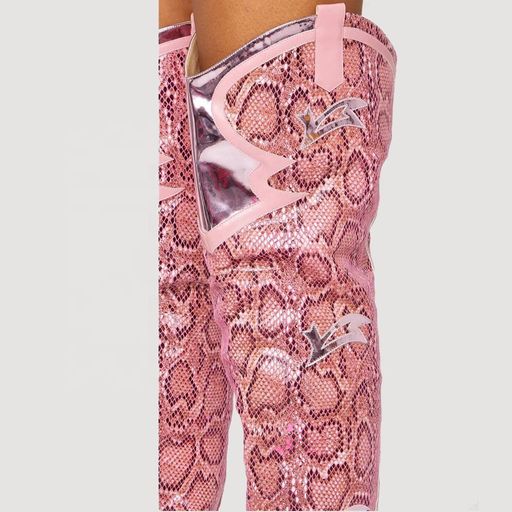 Xinzirain Custom Women Pink Snakeskin Pu Upper Long Thigh Boots Slip On Chunky Heel Pointed Toe Over Knee High Heel Boots