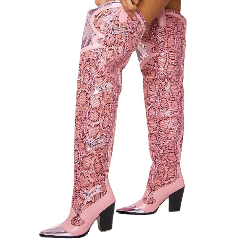 Xinzirain Custom Women Pink Snakeskin Pu Upper Long Thigh Boots Slip On Chunky Heel Pointed Toe Over Knee High Heel Boots