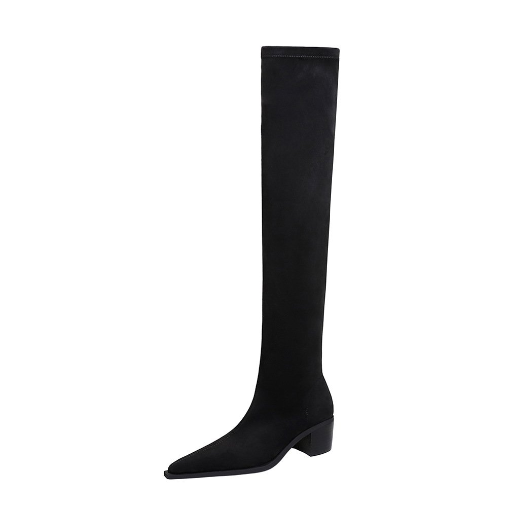 High heel Autumn Flock Leather High boots Winter Fashion Women's Thigh boots Plush Black Over Knee Boots Size 34-40