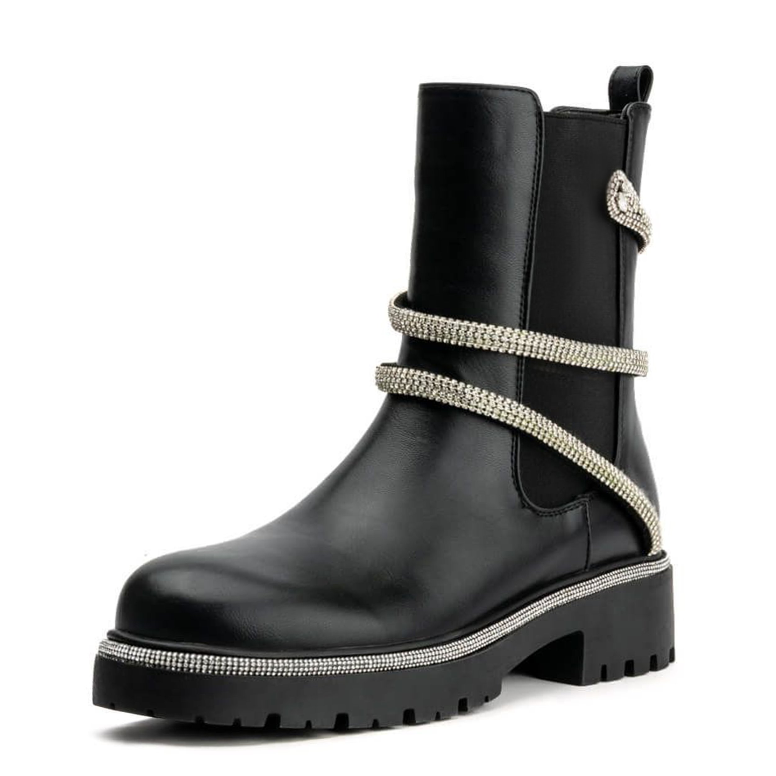 boots with ankle chain Silver Snake Wrap Rhinestone Decorative Flat Platform Ankle Boots Female Chelsea Platform BootS