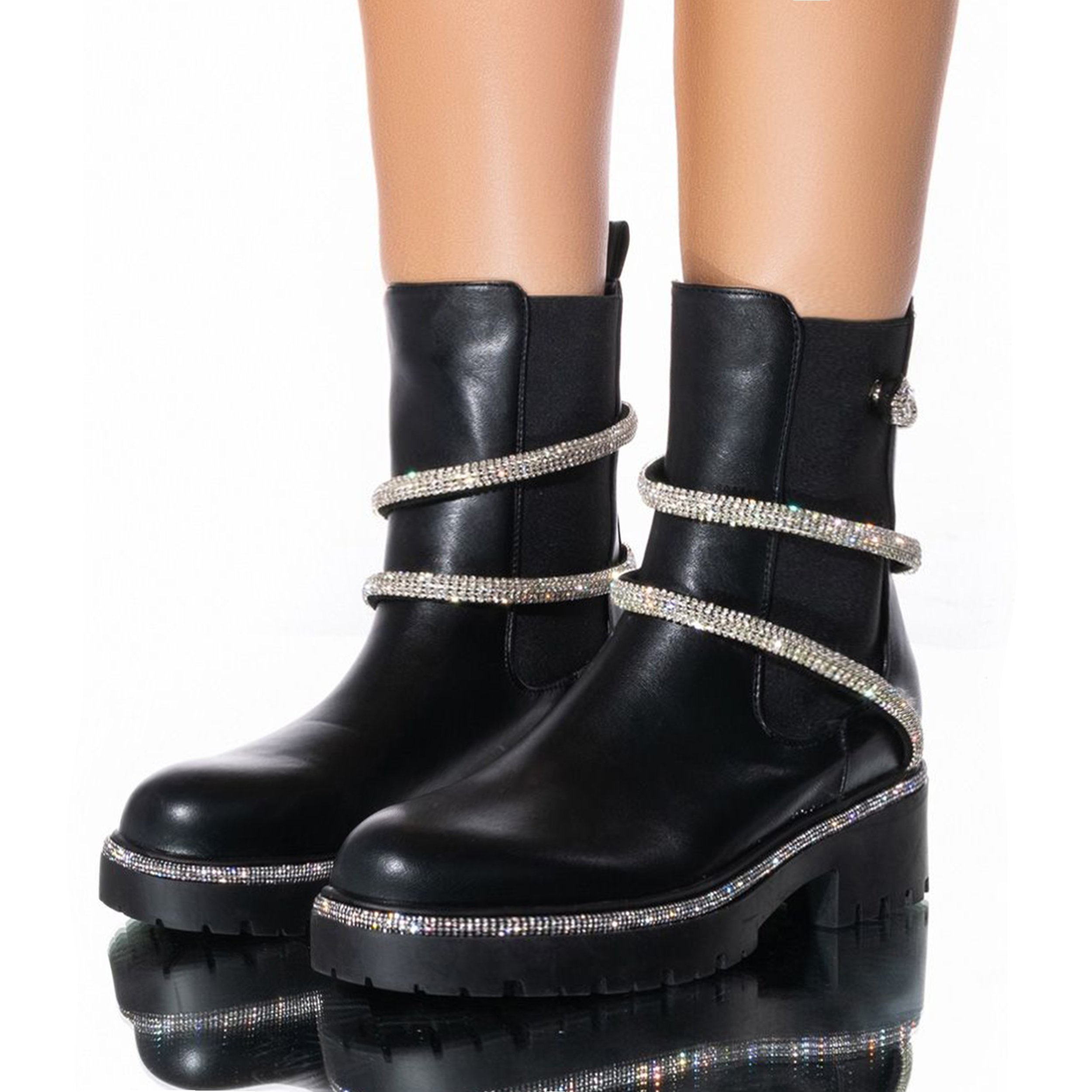 boots with ankle chain Silver Snake Wrap Rhinestone Decorative Flat Platform Ankle Boots Female Chelsea Platform BootS