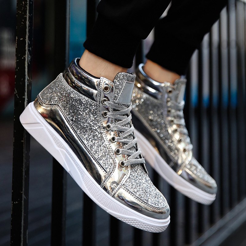 Leather boots shiny Martin boots men's casual high top with diamonds vintage gold boots