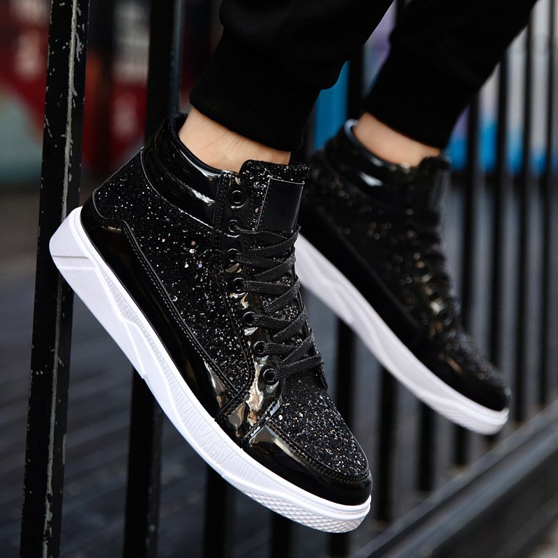 Leather boots shiny Martin boots men's casual high top with diamonds vintage gold boots