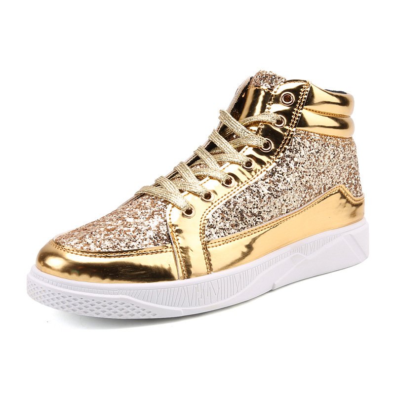 Leather boots shiny Martin boots men's casual high top with diamonds vintage gold boots