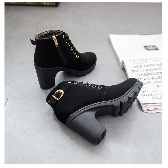 belt buckle women's shoes thick heel short boots round boots women's lace up and bare boots