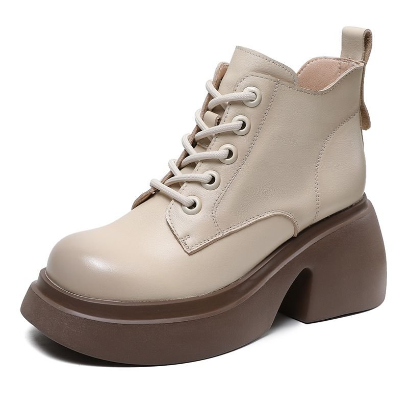 2024 New Thick Sole Women's Fashion Versatile Retro Ankle Boots Round Head Thick Heel Lace up Knight Boots