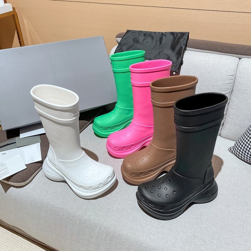 Cialisa Plastic Platform Flat Fashion Knee High Boots BV Designer Chunky Heel High Increasing Jelly Color Rain Boots For Women